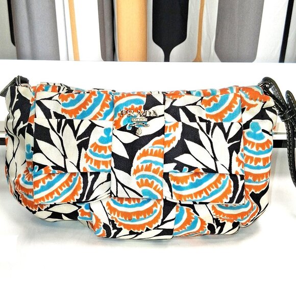 Vintage Prada Mini Wristlet Handbag Clutch White, Orange, Blue, Tropical Floral - Picture 1 of 14